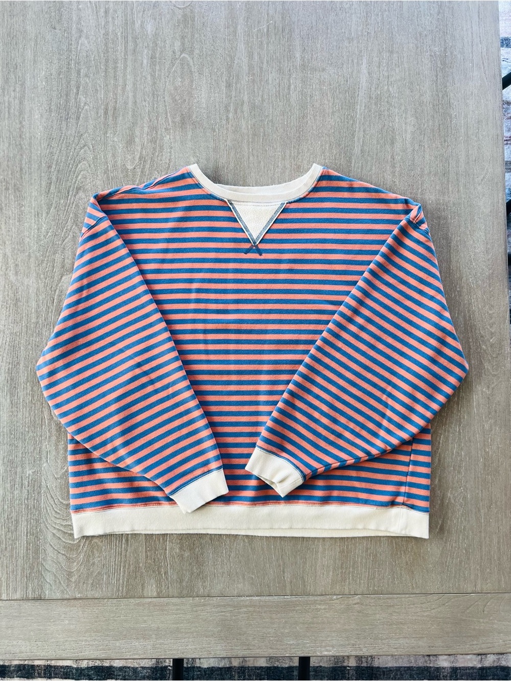 NATURAL LIFE Striped Crewneck Sweater - Blue & Coral with Cream Trim